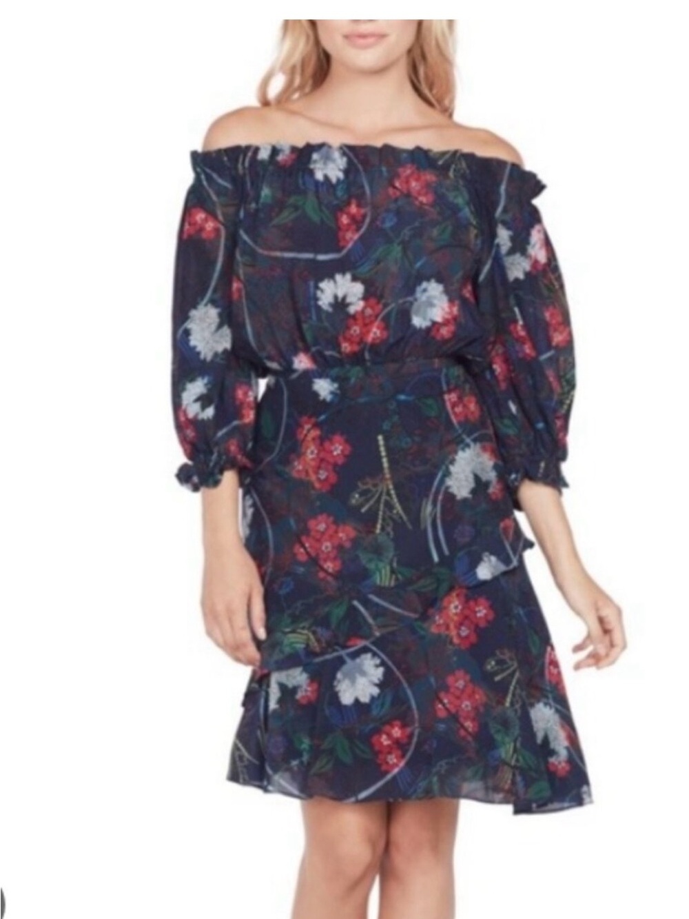 SALONI 100% Silk Navy Off-Shoulder Floral Ruffle Dress